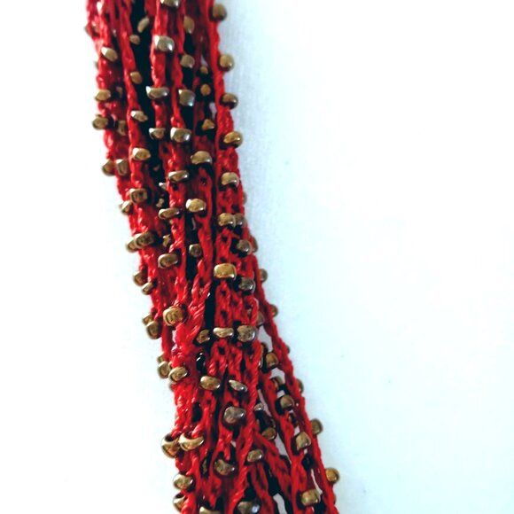 Multi Strand Crocheted Bead Necklace Boho Twisted Gold tone Metal Red 24" - Picture 5 of 5